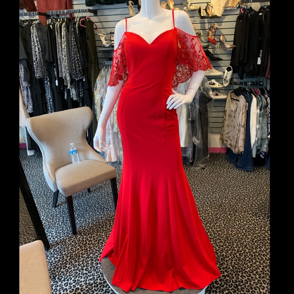 Red lace cape sleeve gown